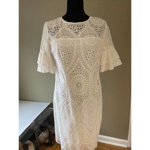 Trina Turk Praise Scalloped Eyelet Dress 6 $168 flutter sleeve lined cotton beac